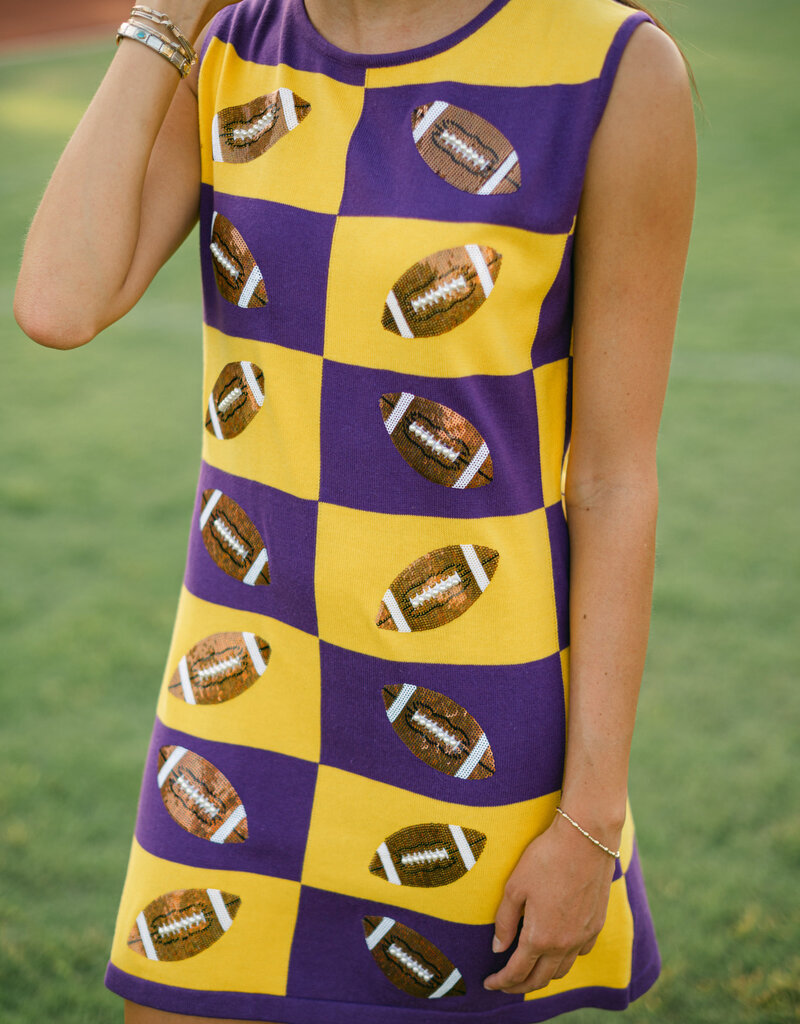 Queen of Sparkles Purple & Yellow Football Checkered Dress