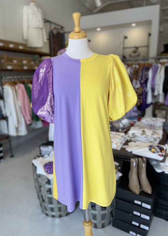 Queen of Sparkles Yellow & Purple Colorblock Sequin Sleeve Dress