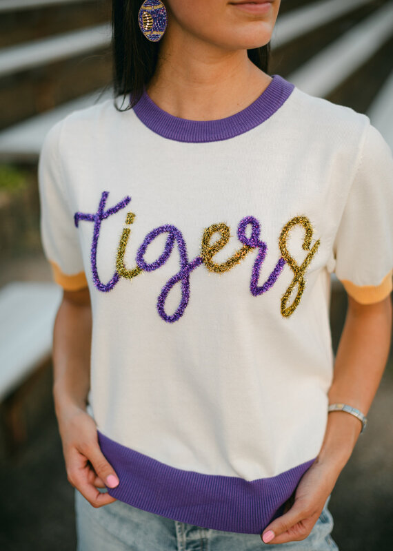 Queen of Sparkles Tigers Script Short Sleeve Sweater