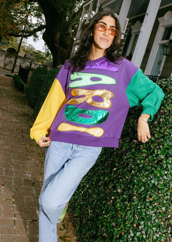 Queen of Sparkles Colorblock Mardi Gras Foil Word Sweatshirt