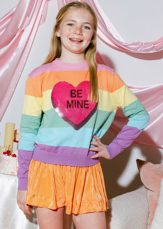 Queen of Sparkles Kids Rainbow Stripe Be Mine Sweater