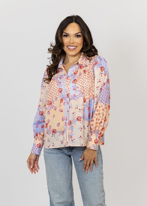 Karlie Blue Floral Ruffle Button Down