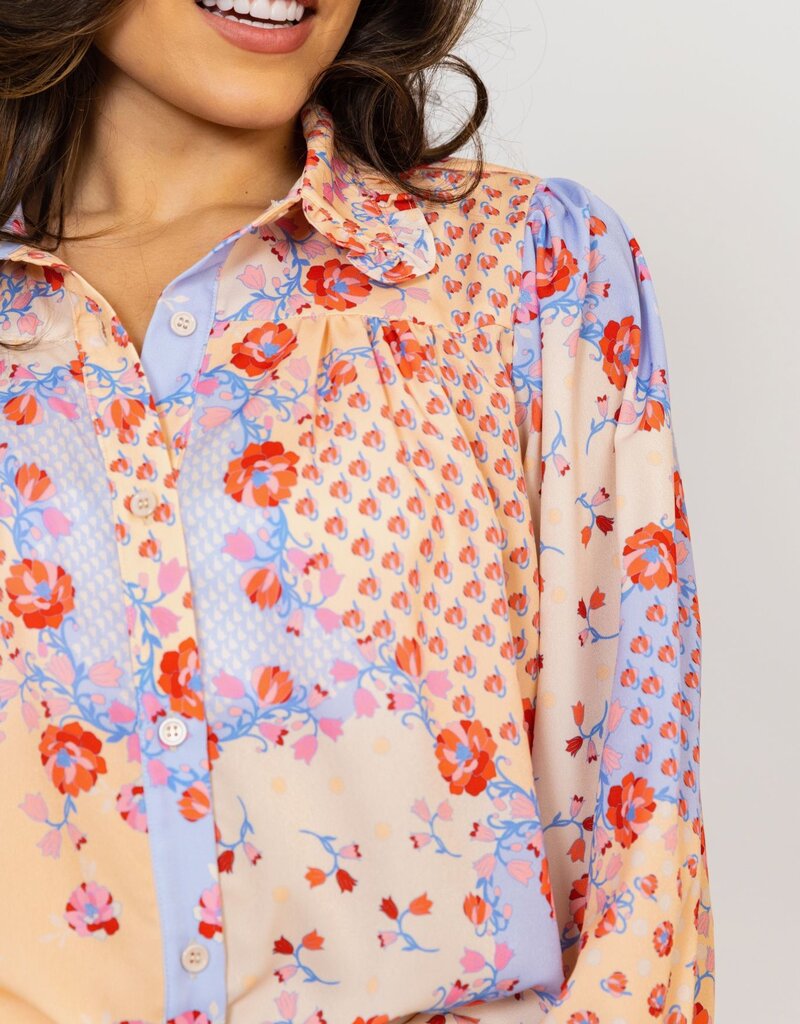 Karlie Blue Floral Ruffle Button Down