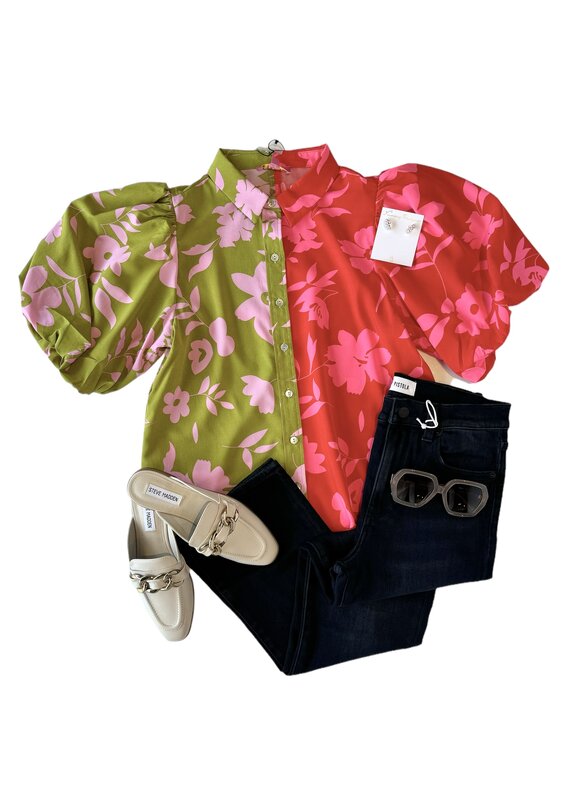 Colorblock Floral Button Up