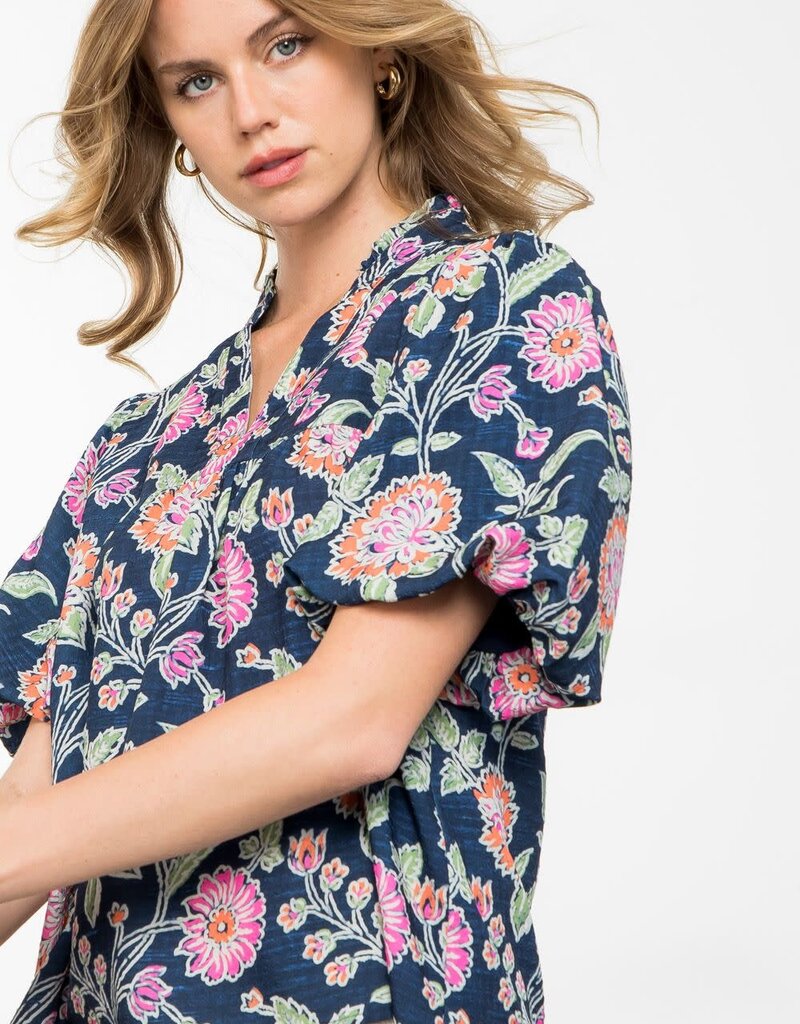 Navy Flower Print Puff Sleeve Top