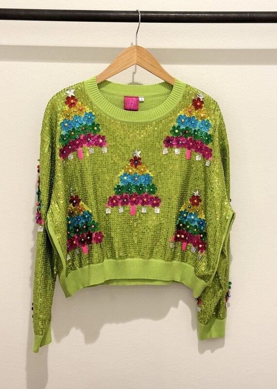 Queen of Sparkles Neon Green Full Sequin Multi Tree Sweater