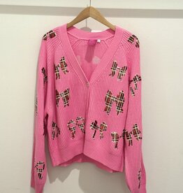 Queen of Sparkles Pink & Plaid Scatter Bow Cardigan