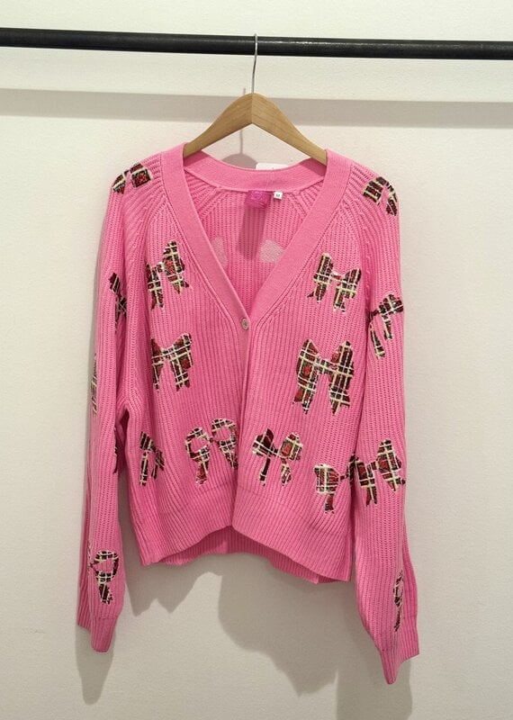 Queen of Sparkles Pink & Plaid Scatter Bow Cardigan