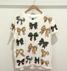 Queen of Sparkles White Scattered Plaid Bow Tee