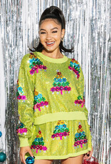 Queen of Sparkles Neon Green Full Sequin Multi Tree Sweater
