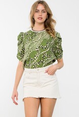 Green Tropical Ruched Sleeve Blouse