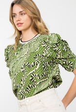 Green Tropical Ruched Sleeve Blouse