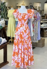 Orange Floral Ruffle Poplin Maxi Dress