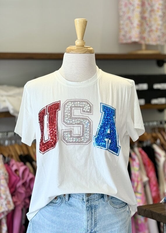 Queen of Sparkles White Beaded "USA" Tee