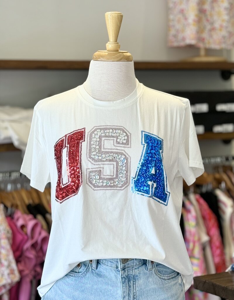 Queen of Sparkles White Beaded "USA" Tee