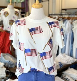 Queen of Sparkles White Scattered Metallic American Flag Tee