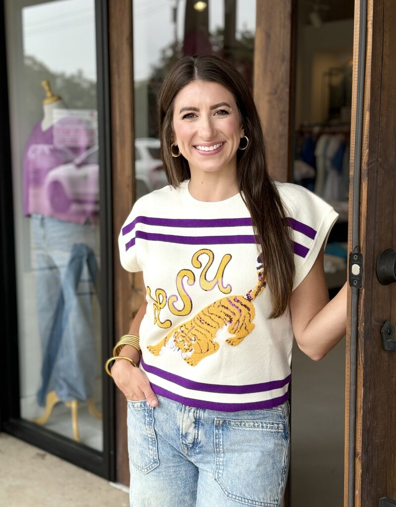 Queen of Sparkles Licensed Purple & Gold LSU Tigers Striped Short Sleeve Sweater Top