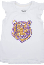 Girls Purple & Gold Sequin Tiger Face on White Ruffle