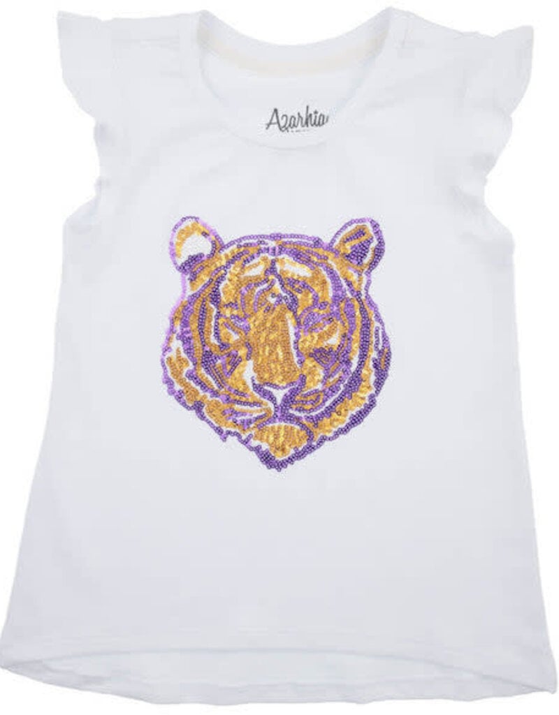 Girls Purple & Gold Sequin Tiger Face on White Ruffle