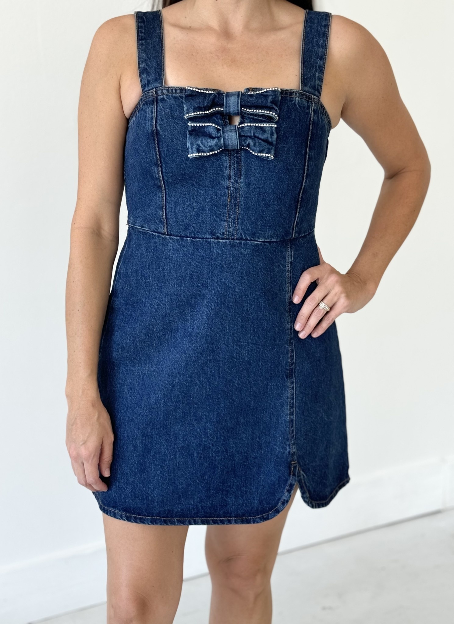 Jewel Bow Denim Mini Dress - Southern Accents Boutique