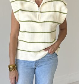Beige/Green Stripe Zip Front Sweater