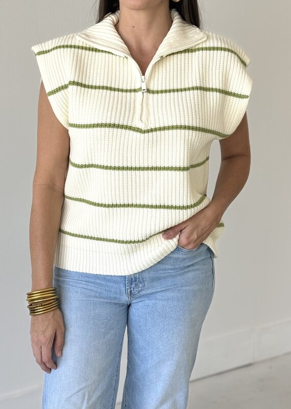 Beige/Green Stripe Zip Front Sweater
