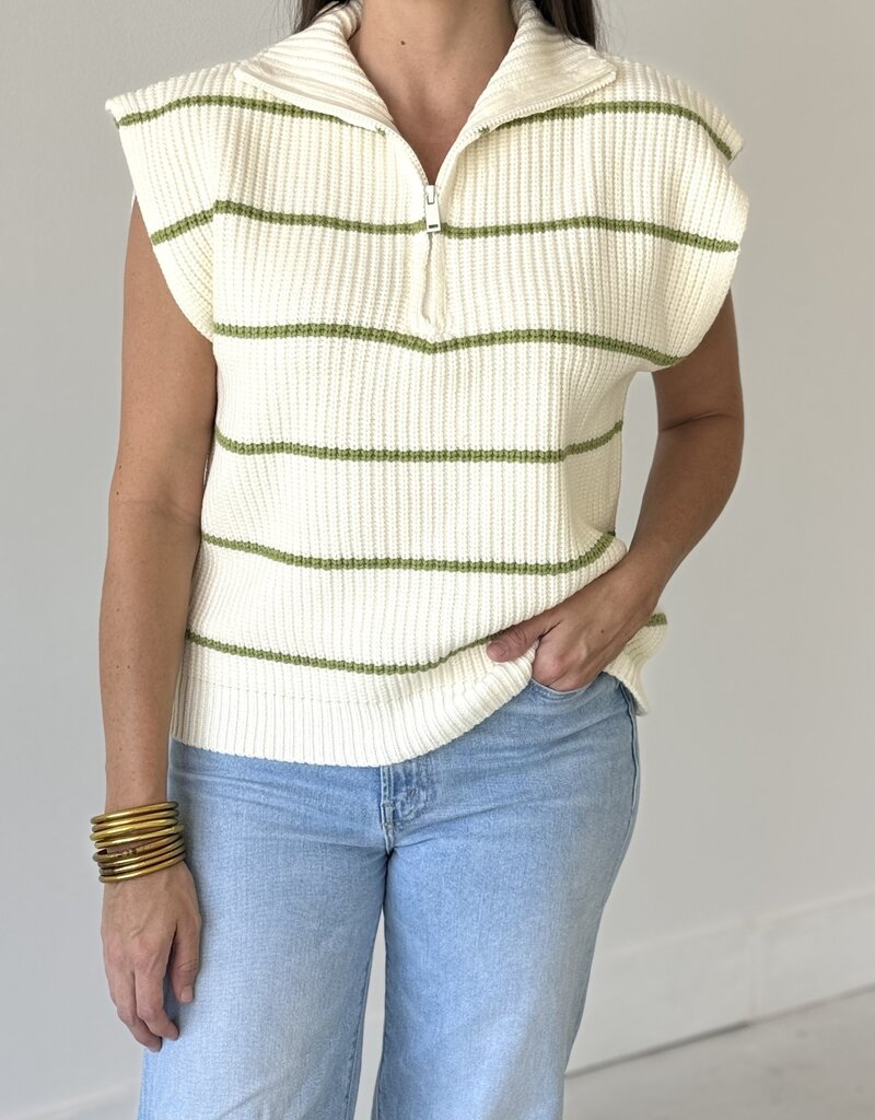 Beige/Green Stripe Zip Front Sweater