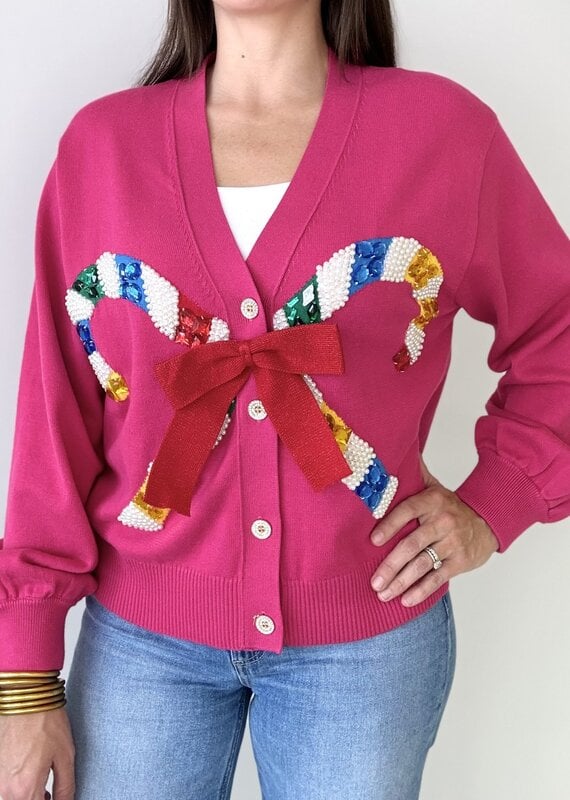 Queen of Sparkles Pink Cardigan w/ Candy Cane & Bow