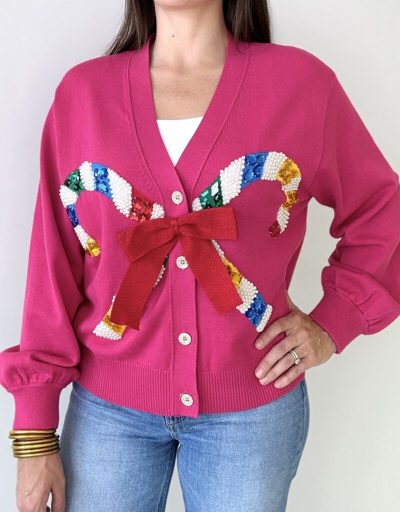 Queen of Sparkles Pink Cardigan w/ Candy Cane & Bow