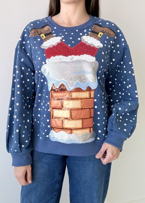 Queen of Sparkles Blue Santa Stuck in Chimney Sweatshirt