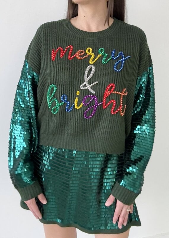 Queen of Sparkles Green Shard Sequin Sleeve Merry & Bright Sweater