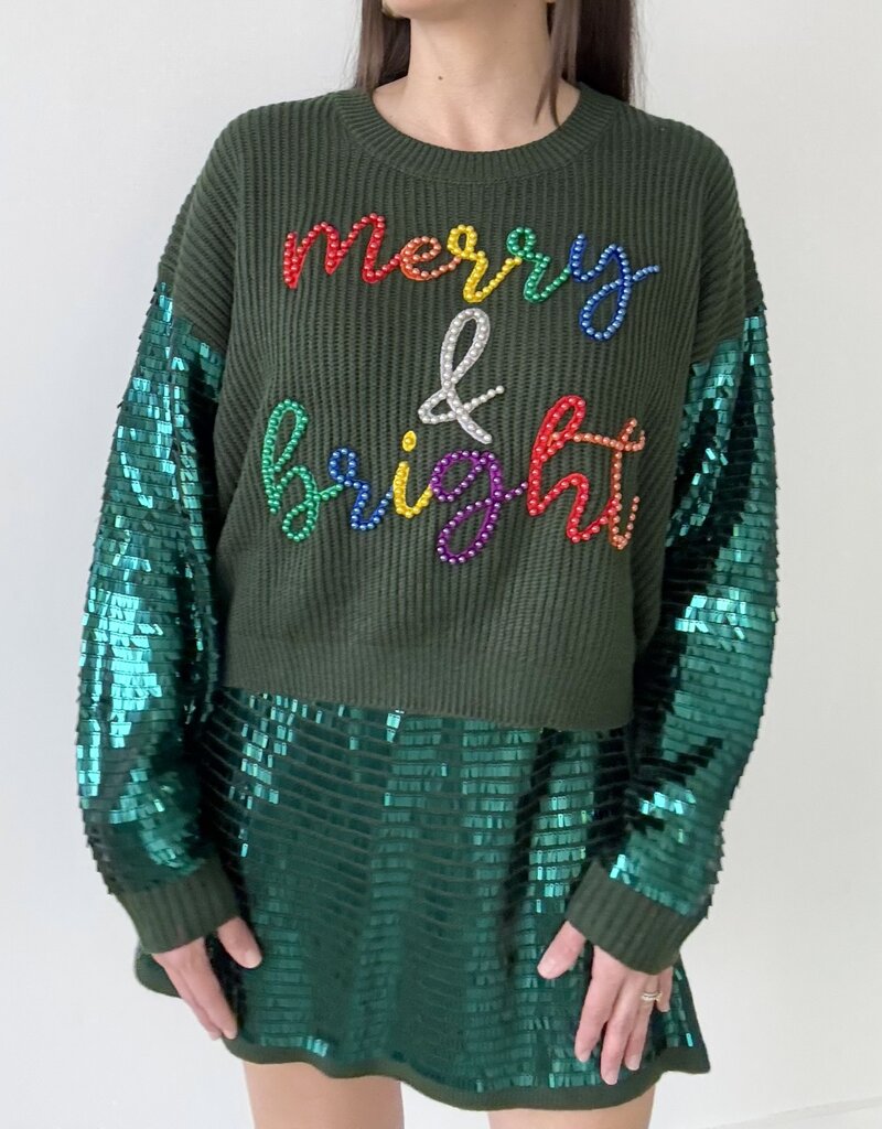 Queen of Sparkles Green Shard Sequin Sleeve Merry & Bright Sweater