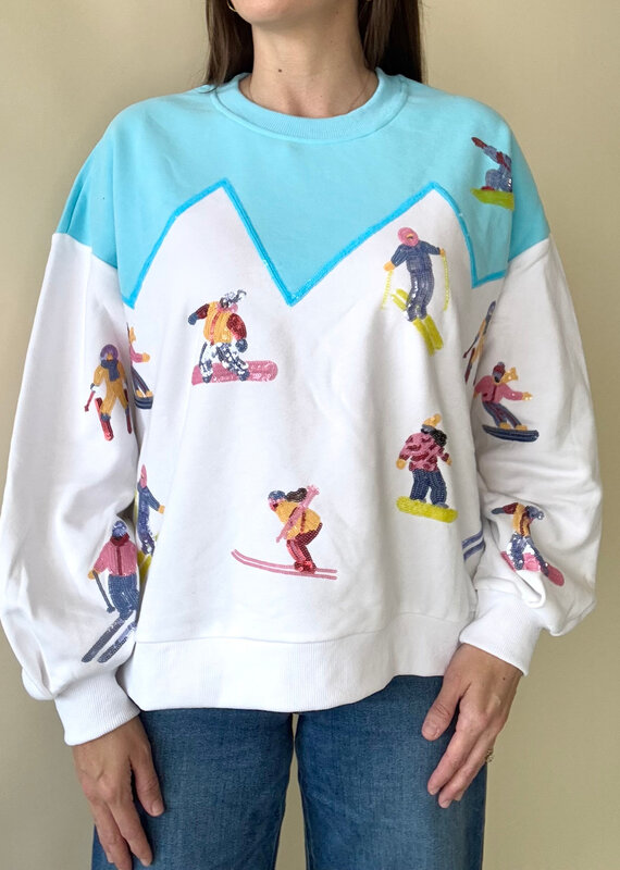 Queen of Sparkles White & Blue Skiers on Mountain Sweatshirt