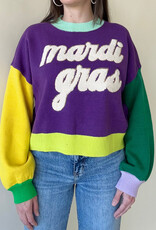 Queen of Sparkles Colorblock Fuzzy Mardi Gras Sweater