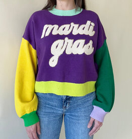 Queen of Sparkles Colorblock Fuzzy Mardi Gras Sweater