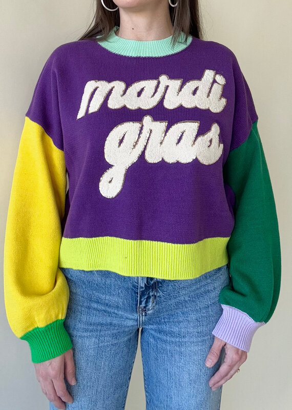 Queen of Sparkles Colorblock Fuzzy Mardi Gras Sweater
