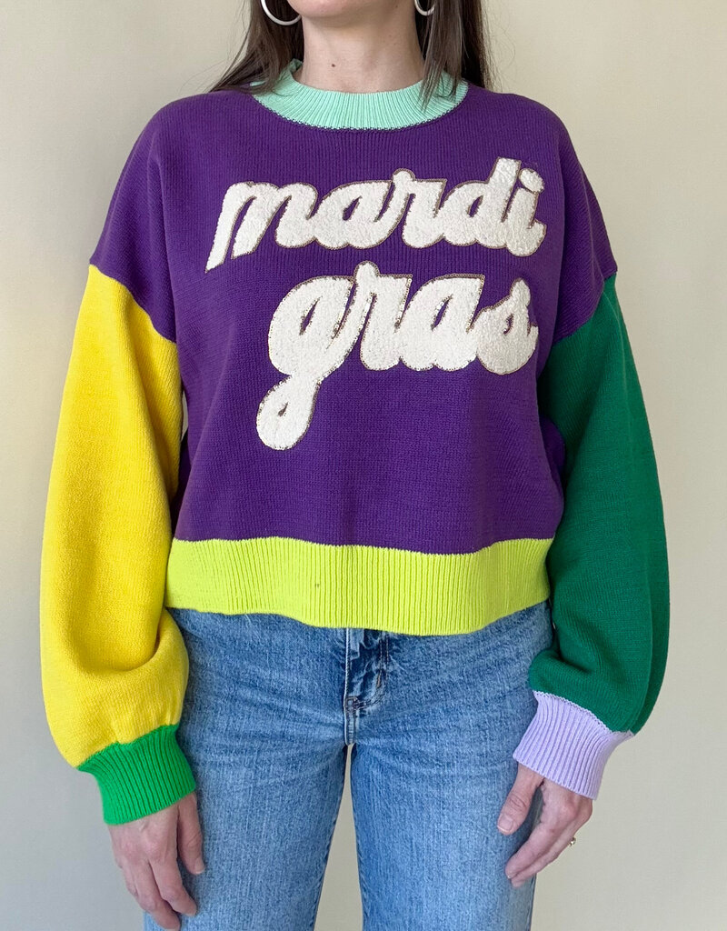 Queen of Sparkles Colorblock Fuzzy Mardi Gras Sweater