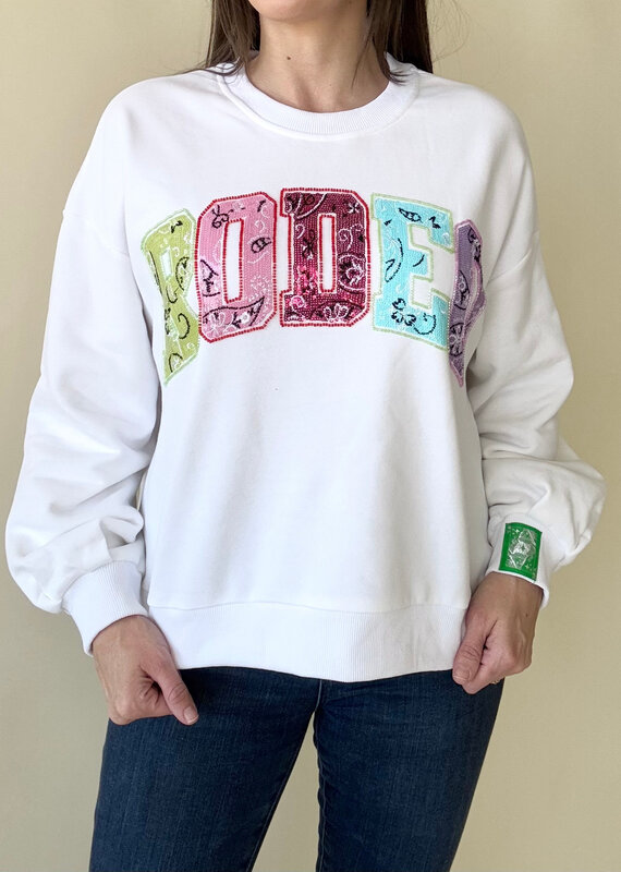 Queen of Sparkles White Multi Bandana Sequin Rodeo Sweatshirt