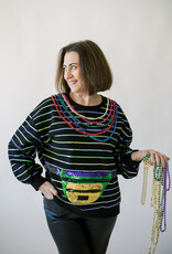 Queen of Sparkles Black Oversized Stripe Fanny Pack & Mardi Gras Bead Sweatshirt