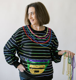 Queen of Sparkles Black Oversized Stripe Fanny Pack & Mardi Gras Bead Sweatshirt