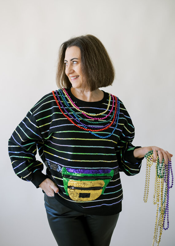 Queen of Sparkles Black Oversized Stripe Fanny Pack & Mardi Gras Bead Sweatshirt