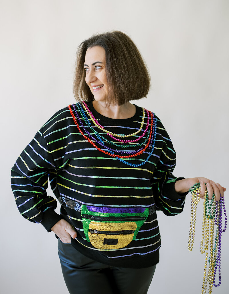 Queen of Sparkles Black Oversized Stripe Fanny Pack & Mardi Gras Bead Sweatshirt
