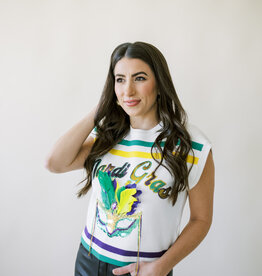 Queen of Sparkles White Striped Mardi Gras Mask Top