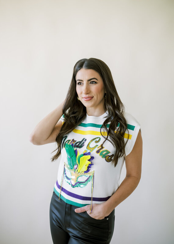 Queen of Sparkles White Striped Mardi Gras Mask Top
