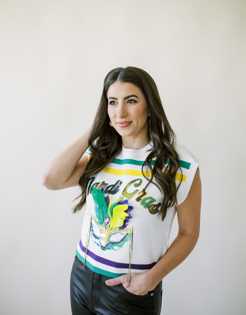 Queen of Sparkles White Striped Mardi Gras Mask Top