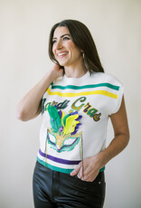 Queen of Sparkles White Striped Mardi Gras Mask Top