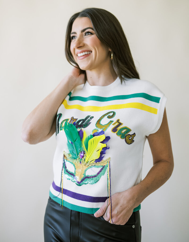 Queen of Sparkles White Striped Mardi Gras Mask Top