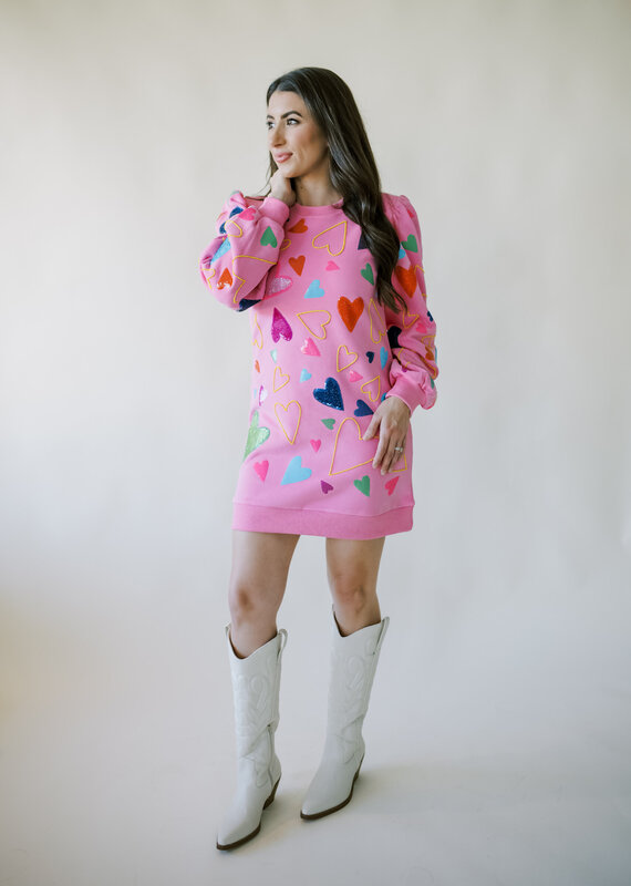 Queen of Sparkles Pink Groovy Heart All Over Sweatshirt Dress