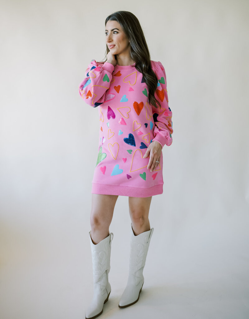 Queen of Sparkles Pink Groovy Heart All Over Sweatshirt Dress