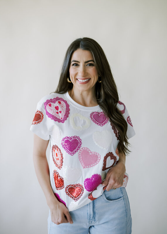 Queen of Sparkles White Multi Doily Heart Tee
